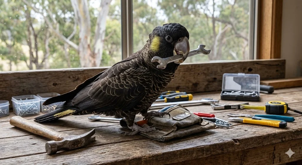 A black cockatoo on a timber workbench holding a spanner, surrounded by hand tools