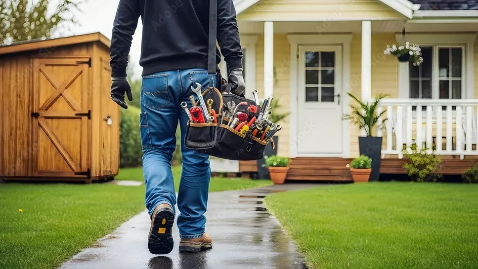 Gianni walking up the path to a home, tool bag in hand